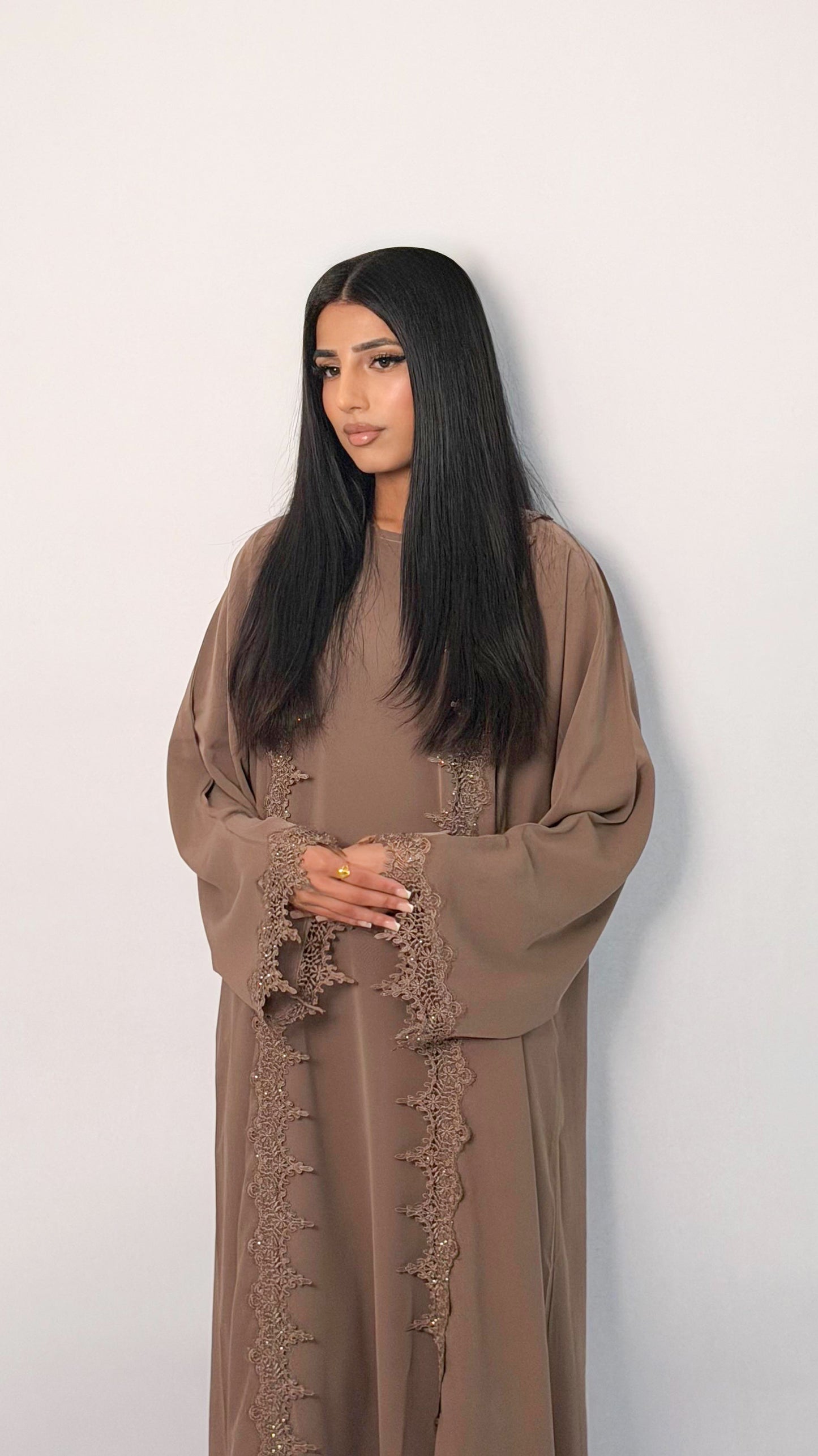 Amani Abaya – Elegant Lace Detail Modest Wear in Brown, Rose Pink & Teal Green