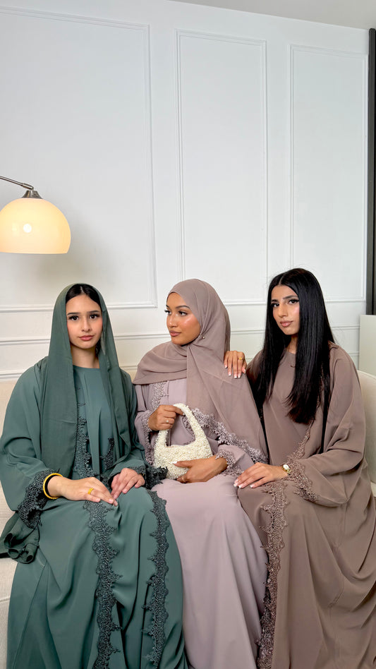 Amani Abaya – Elegant Lace Detail Modest Wear in Brown, Rose Pink & Teal Green
