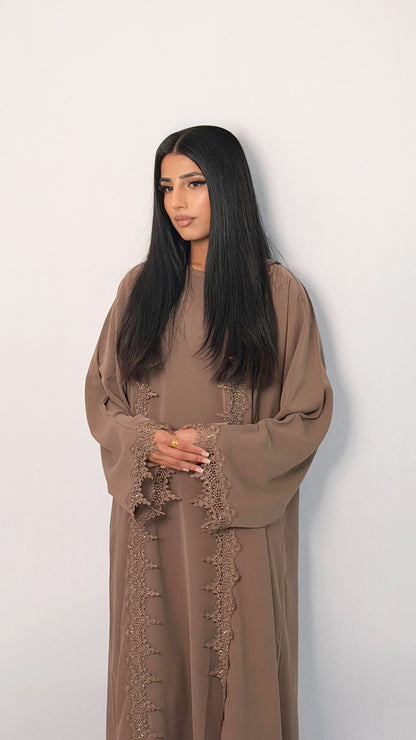 Amani Abaya – Elegant Lace Detail Modest Wear in Brown, Rose Pink & Teal Green
