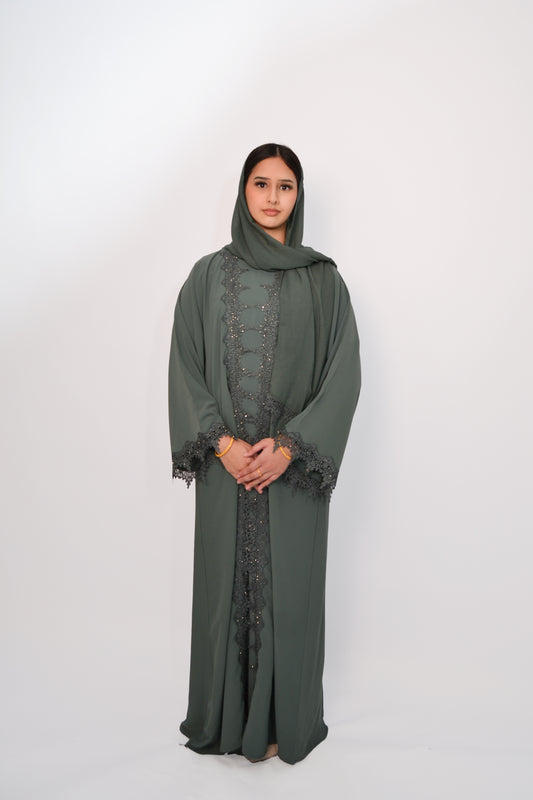 Amani Abaya – Elegant Lace Detail Modest Wear in Brown, Rose Pink & Teal Green